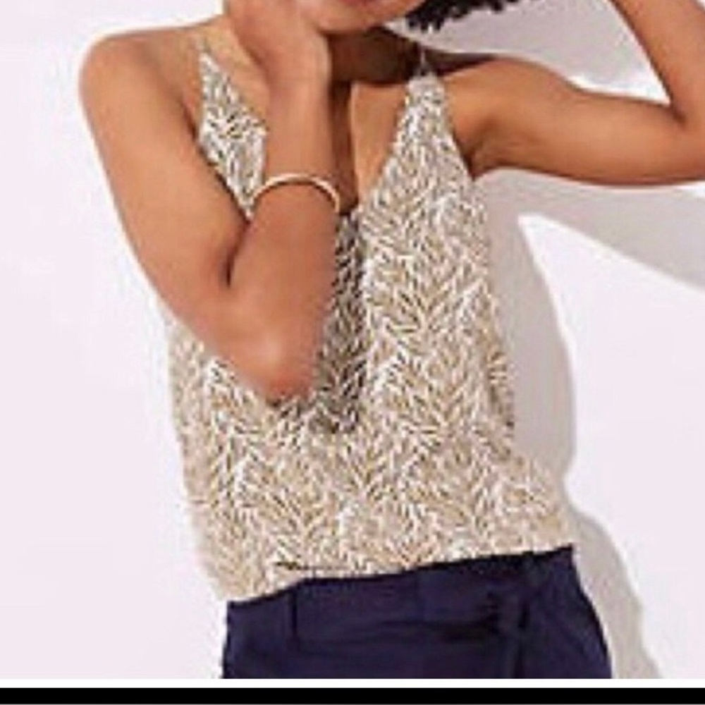 NWOT LOFT Floral white tan blue camisole spaghetti strap flowy v neck top XS - Picture 1 of 7